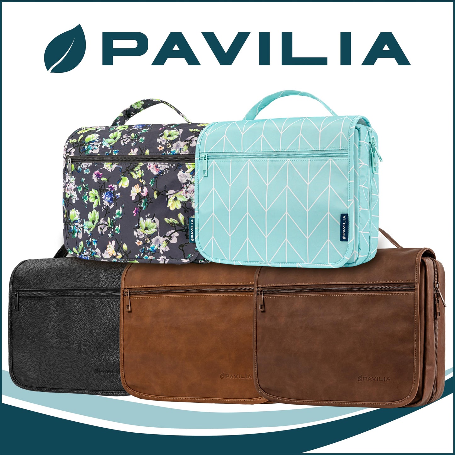 PAVILIA Hanging Toiletry Bag for Women Men, Large Travel Organizer with 5 Compartments & Swivel Hook, PU Leather Dopp Kit, Foldable Water-Resistant Makeup Cosmetic Bag for Full Size Bottles (Brown)