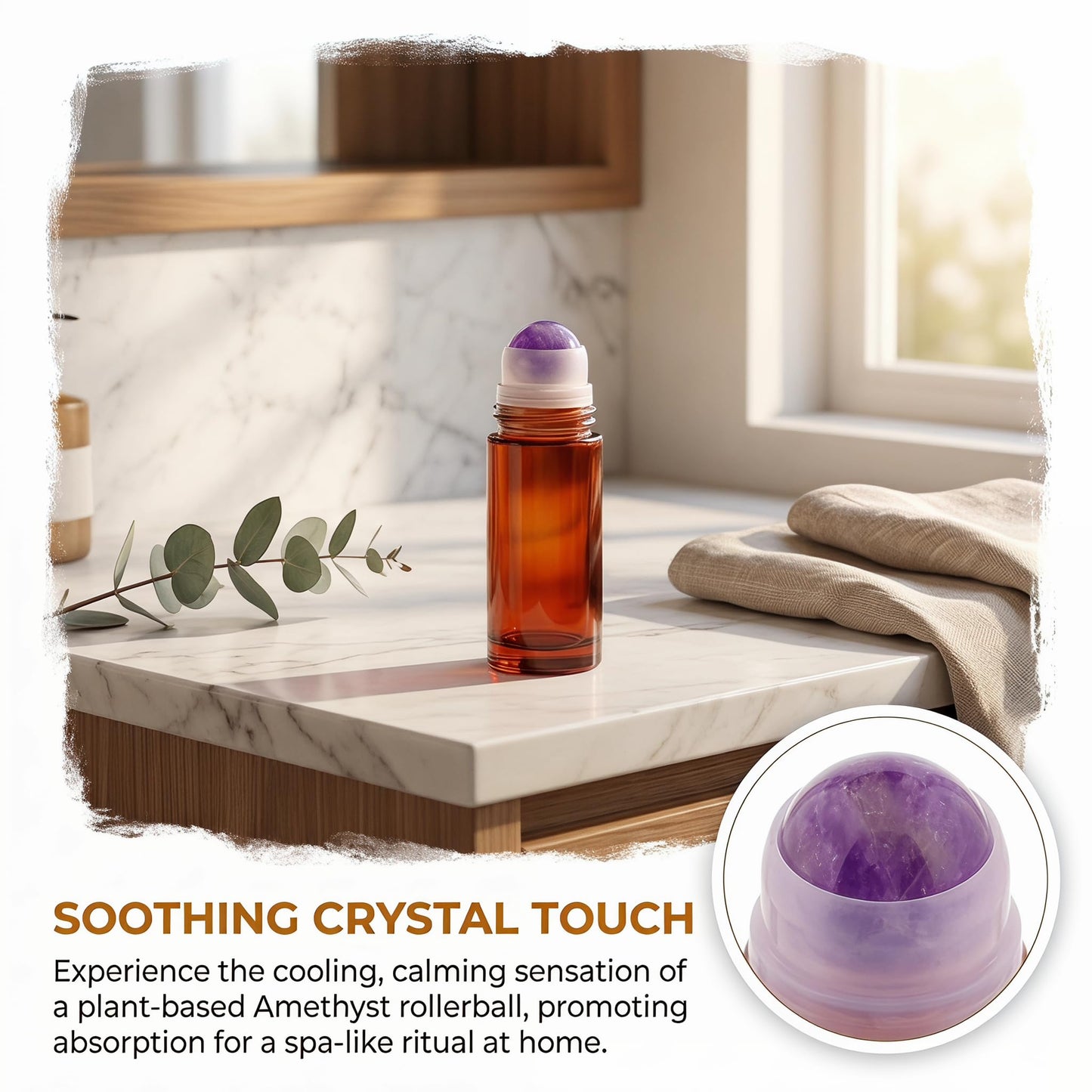 Roller Ball Applicator,Rose Quartz Roller Bottle,50ml Refillable Amber Glass Roll On Bottles with Natural Crystal Roller Balls,Leak-Proof Travel Perfume Bottle with Gold Caps (Purple)