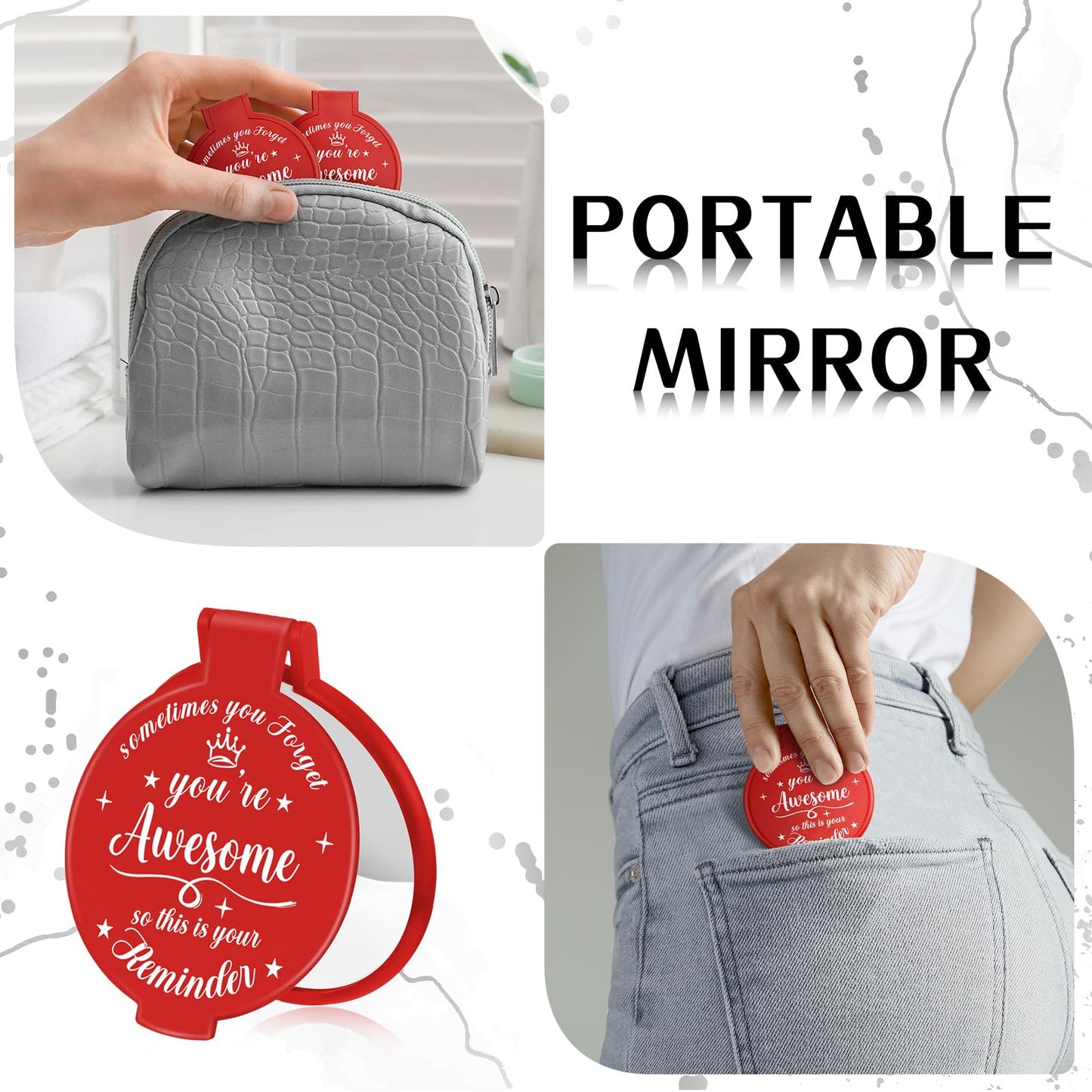 Gulfmew 36 Pcs 2.76 Inch Inspirational Compact Mirror Bulk Women Small Gifts Graduation Mothers Day Party Favors Purse Mirror Pocket Mini Items for Adult Coworker Cheerleader Swag Bag (Red)