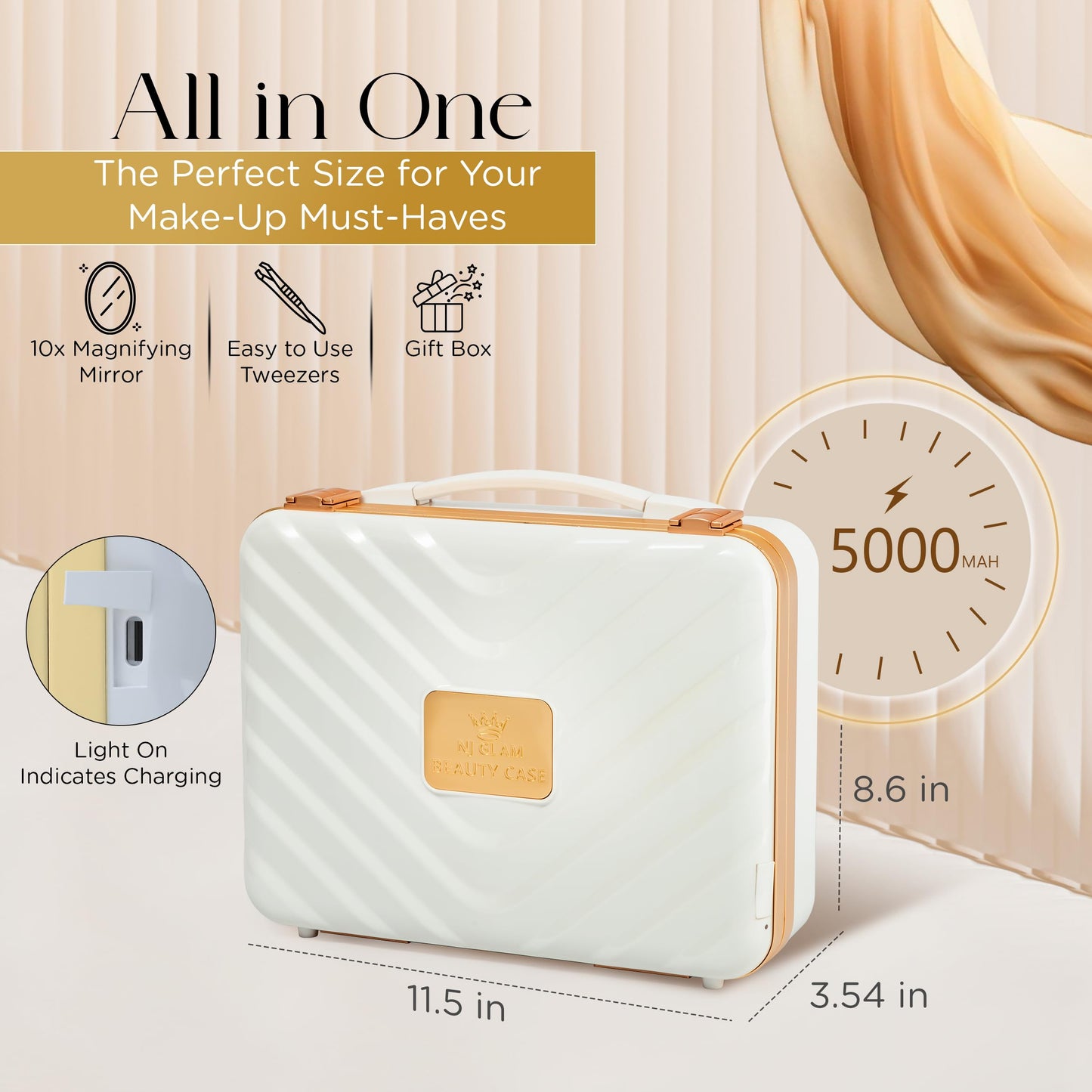 NJ GLAM Lighted Makeup Case with Mirror + 10x Mini Mirror - Portable, 3 LED Modes, Adjustable Dividers I Travel Makeup Train Case & Organizer I USB Rechargeable I (White)
