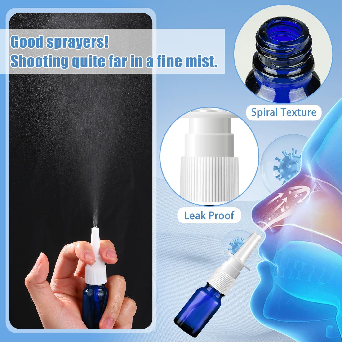 ZHWKMYP 40 Pcs Nasal Spray Bottle, 10ML/0.35OZ 24 Pcs Refillable Glass Blue Nasal Spray Bottles Empty with 8 Funnels and 8 Labels