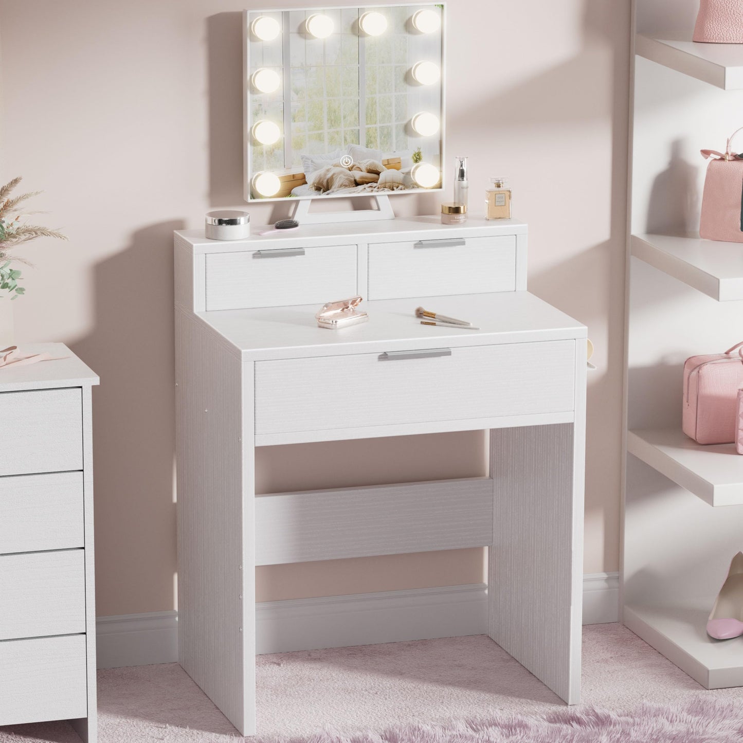 BOLUO White Makeup Vanity Desk with Hollywood Mirror and Lights, Girls Compact Make Up Table with Drawers and Outlet for Bedroom Small Space