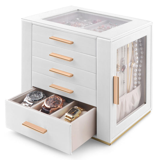 Homeanda Jewelry Box for Women with Glass Lid, 5 Drawers Jewelry Organizer and Storage for Necklaces, Rings, Earrings, Bracelets, Gift for Girls and Teens,PU Leather (White)