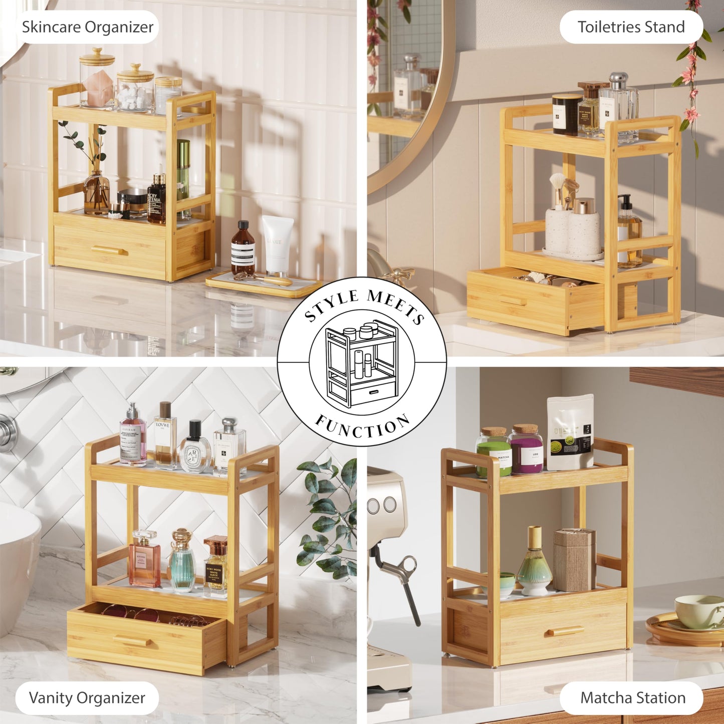 Bamboo Bathroom Countertop Organizer, 2 Tier Vanity Organizer with Drawer for Skincare & Makeup, Countertop Storage with Stone Drying Mat for Coffee Bar, Kitchen, Matcha Station