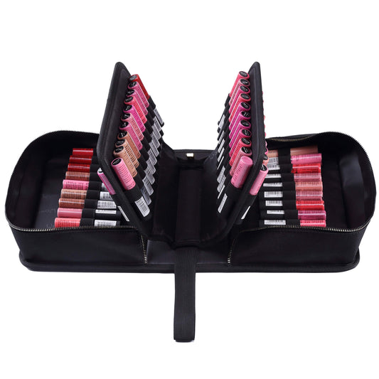 ROWNYEON 67 Slot Lipstick Organizer Bag - Large Capacity Multi-Layer Travel Makeup Case, Waterproof Oxford Lip Gloss & Marker Pen Holder with Elastic Straps for Makeup Artists (Black)