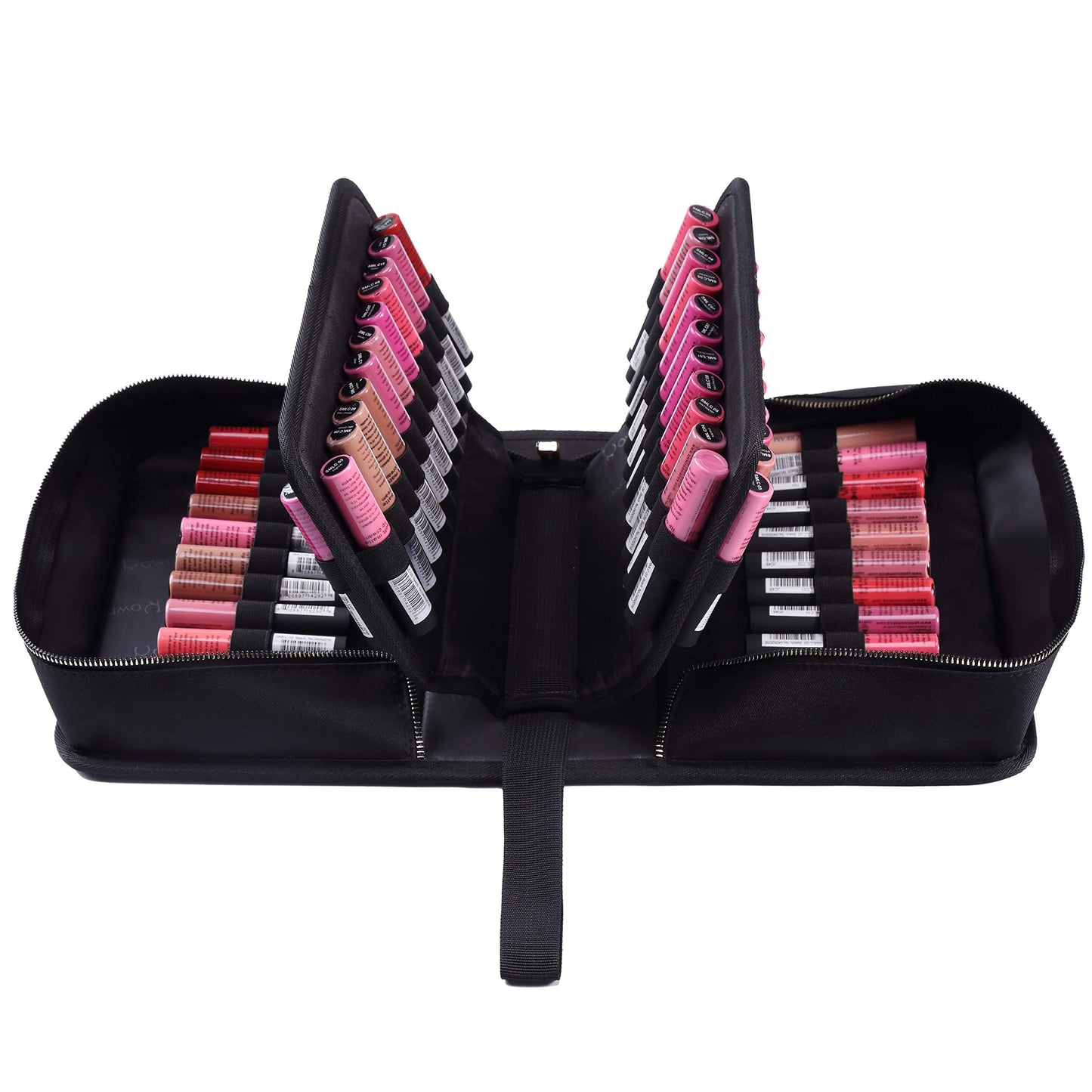 ROWNYEON 67 Slot Lipstick Organizer Bag - Large Capacity Multi-Layer Travel Makeup Case, Waterproof Oxford Lip Gloss & Marker Pen Holder with Elastic Straps for Makeup Artists (Black)