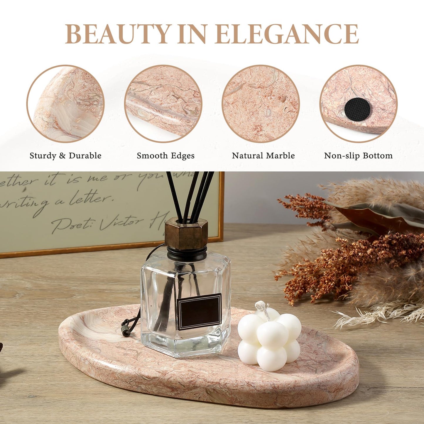 Koville Luxurious Natural Pink Marble Vanity Tray, Cloud Shape Serving Stone Key Tray for Home Decor, 10" x 7" Marble Storage Trays for Bathroom, Stone Plate Holder for Perfume, Candle and Jewelry