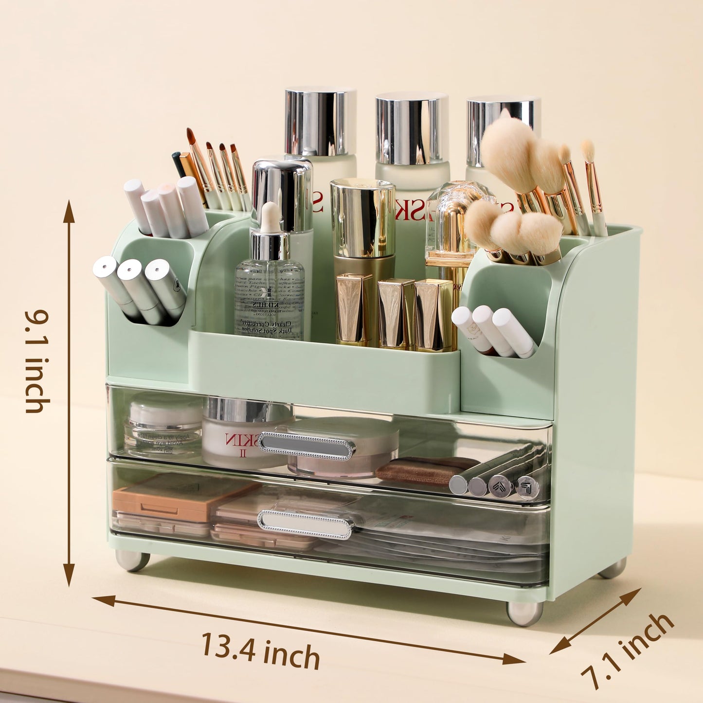Anyoifax Makeup Organizer Countertop with Large Drawers, Vanity Organizer with Brush Holder, Skin Care Storage for Dresser, Perfume Organizer for Lotion, Lipsitck, Palette, Green