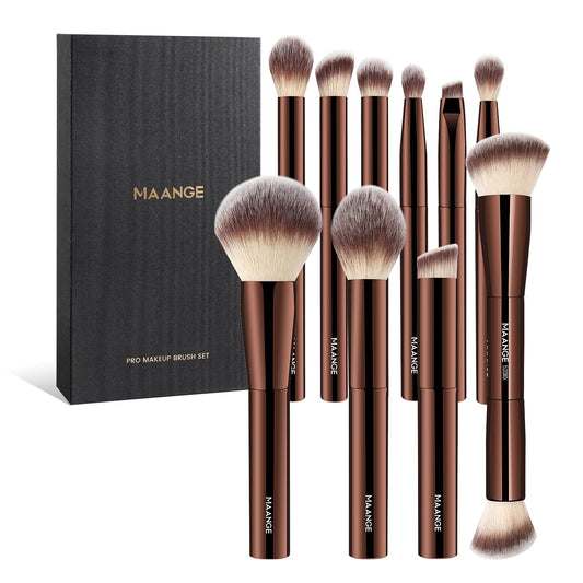 10 Pcs MAANGE Travel Makeup Brush Set with Magnetic case, Premium Synthetic Short Handle Brushes for Foundation, Powder, Concealer, Eye Shadows, Makeup Brush Tools Set(CoffeeBrown)