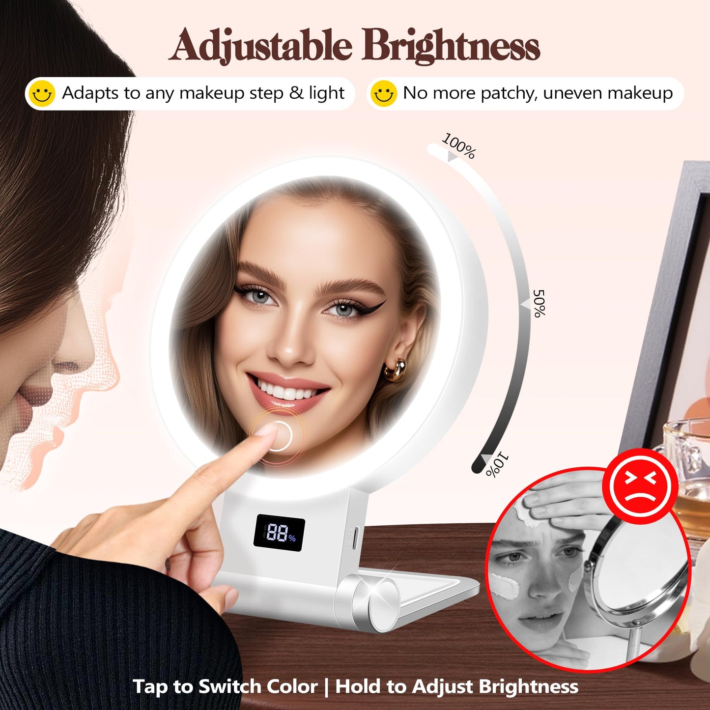 B Beauty Planet Magnifying Mirror with Light 30X, 2000mAh 1X/ 30X Magnifying Makeup Mirror with Standable Base & Tweezers, 3 Color Modes with Adjustable Brightness& Smart Display, Foldable for Travel