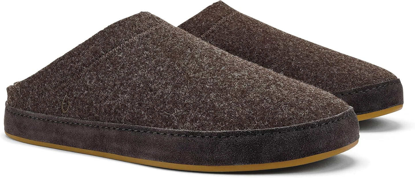 OLUKAI Hamani Hulu Men's Wool Mule Slippers, Soft & Comfortable Slippers with Premium Materials, Sheepskin Shearling & Italian Felt, All-Day Wear, Dark Java/Dark Java, 7