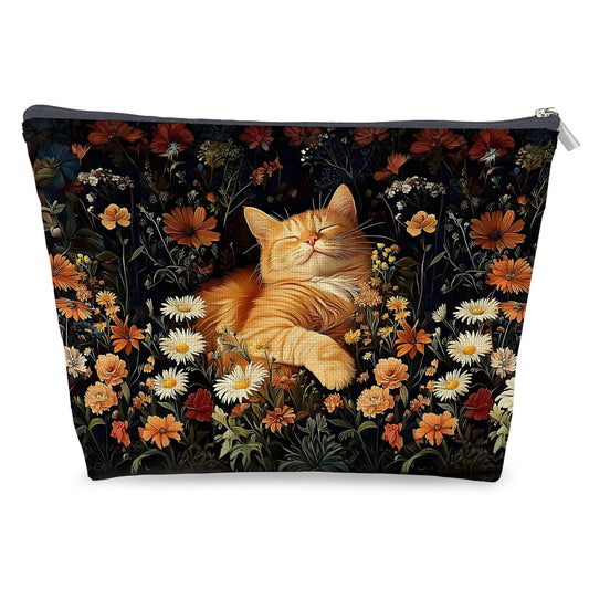 LRWHDFW Moody Floral Orange Tabby Cat Makeup Bag Gifts for Women, Cat Lovers Mom Lady Gifts Cosmetic Bag, Cottagecore Wildflower Kitty Zipper Makeup Pouch Travel Toiletry Bag