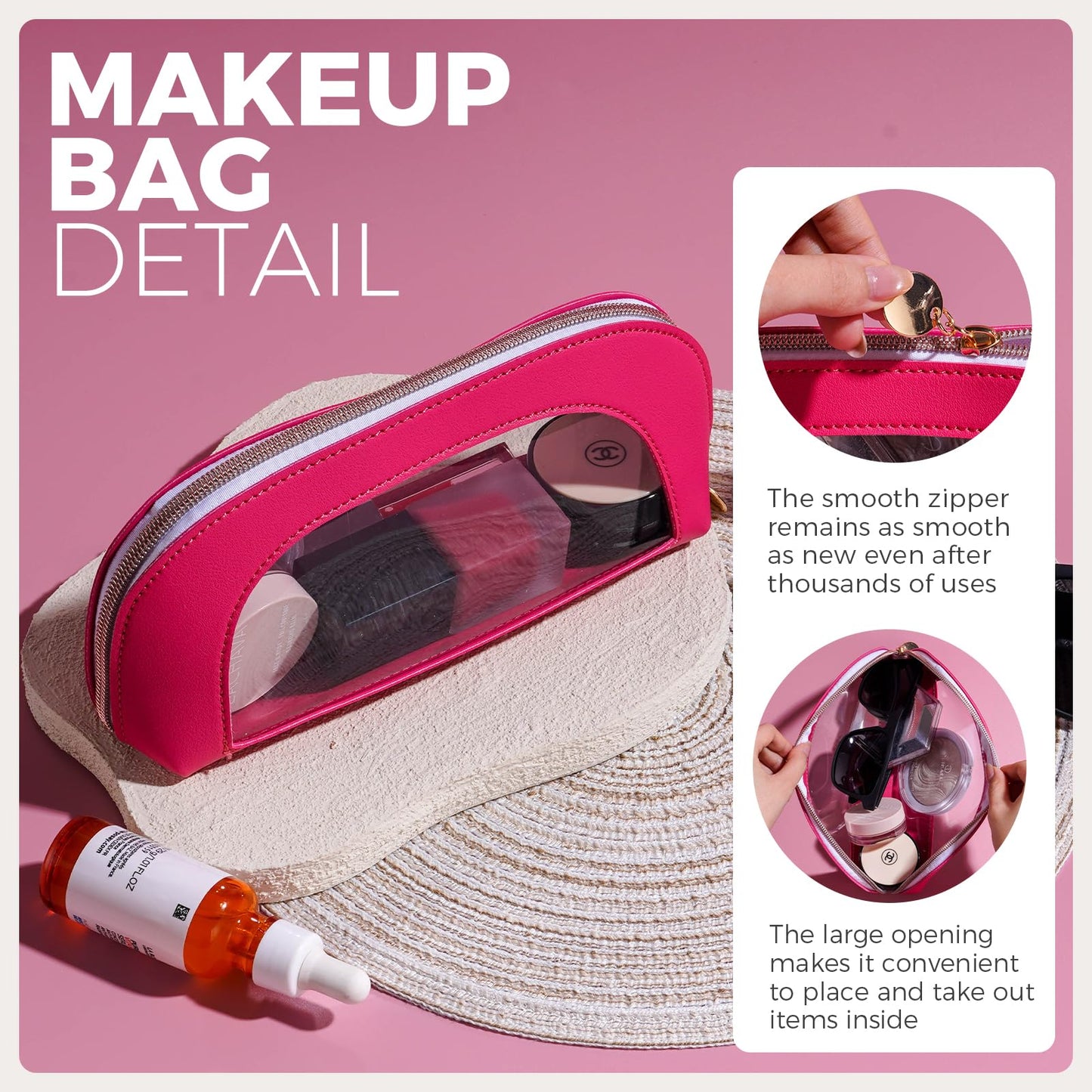 BS-MALL 3 Pcs Makeup Bag Set, Waterproof Travel Makeup Kit with Zippers, Lightweight Travel Bag for Makeup Brush Holder & Organizer, Fashionable Leather Case for Daily Use & Storage (Hot Pink)