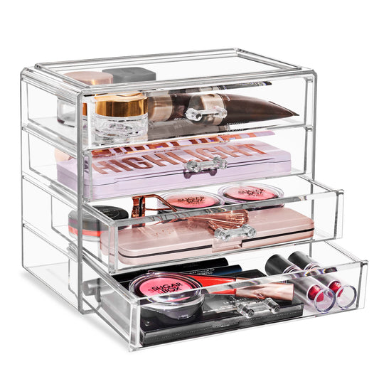 Sorbus Acrylic Makeup Organizer Set, 4-Drawer Vanity & Countertop Cosmetic Storage with Wide Drawers, Clear Makeup Storage for Brushes, Lipsticks, Jewelry – Holiday Gift for Women & Teens