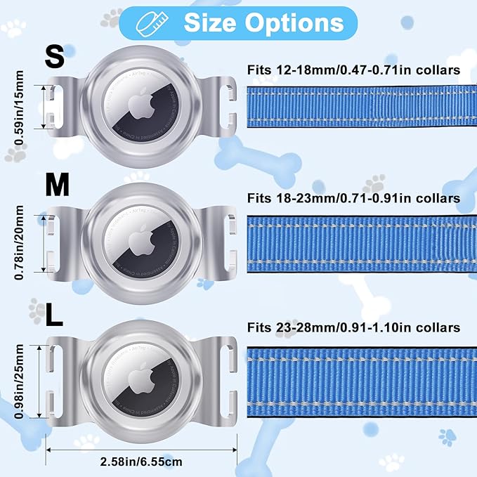 SANKALA Airtag Dog Collar Holder, Chew-Proof Stainless Steel & Waterproof Airtag Holder, Slide-On Opening Design, Fits Snap Closure Collars, Full Coverage Protective Case (Silver, Medium, 1 Pack)