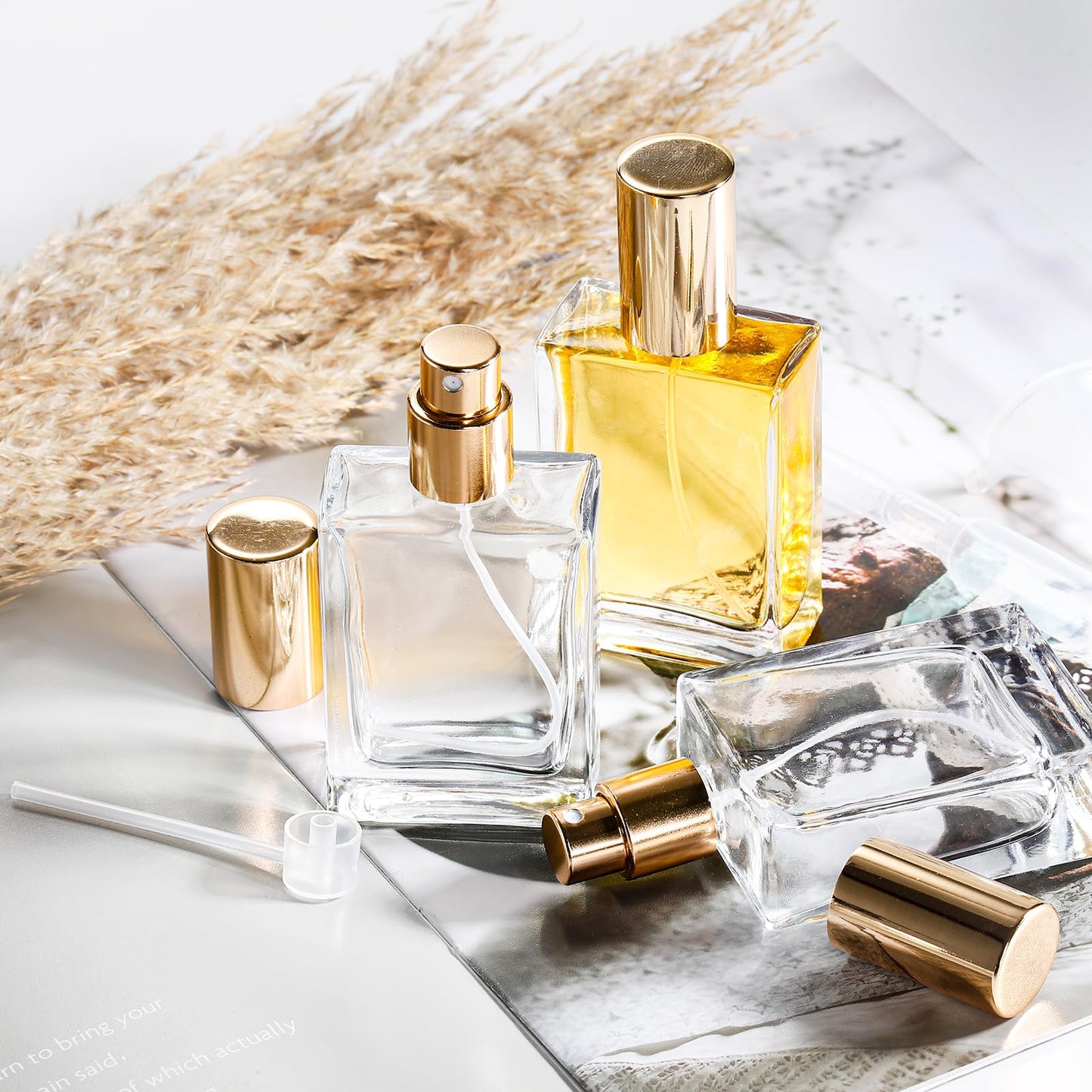 Foraineam 12 Pack 1 oz / 30ml Clear Glass Perfume Bottle, Refillable Empty Fine Mist Atomizer Spray Bottles, Portable Square Perfume Atomizer Bottles for Fragrance, Lotion, Essential Oil