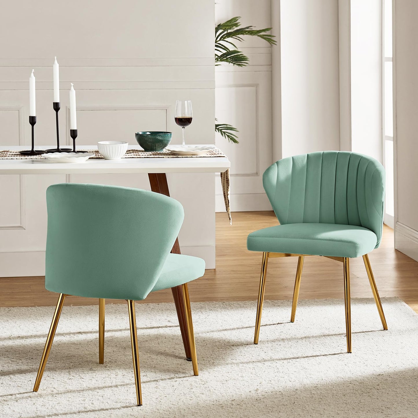 HULALA HOME Velvet Dining Chairs, Modern Small Armless Accent Chair with Gold Metal Legs, Living Room Upholstered Cute Side Chair, Elegant Tufted Back Vanity Chair for Bedroom/Beauty Room-SAGE