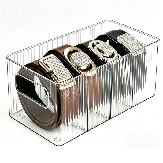 Fevont Belt Organizer - with Handles & Stackable Design, Belt Storage Holder for Closet and Drawer, 4-Compartment Display Case for Ties, Socks, Underwear