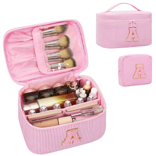 MONSTINA Initial Makeup Bag,Monogram Pouch Gifts for Teens,Personalized Cosmetic Bag for Girls&Women,Cute Letter Make Up Bag,Pink A