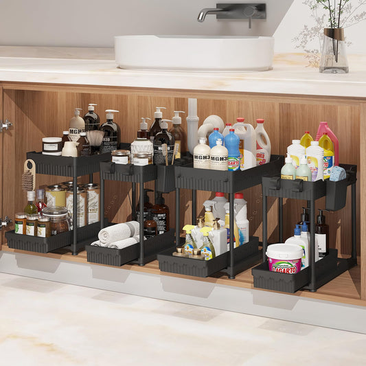 Sevenblue 4 Pack Under Sink Organizer, Bathroom Organizers and Storage, 2 Tier Multi-Use Pull Out Cabinet Organizer with Hang Hooks and Cups (Black, 4 Pack)