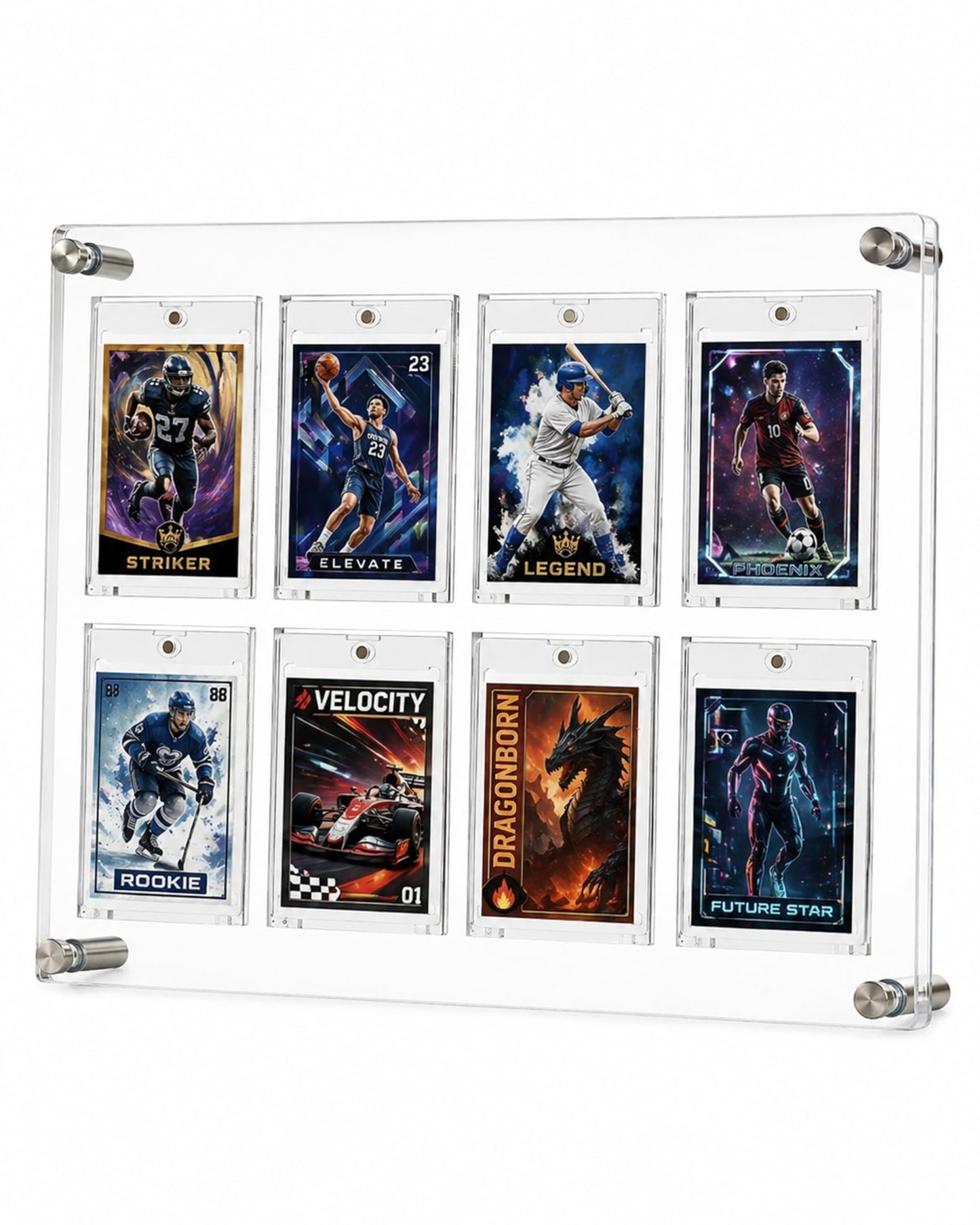 Acrylic 8 Card Display Frame with 8 Magnetic UV Protection Card Cases, Wall Mounted & Desktop Trading Card Display Stand for Sports Cards, Baseball Cards, Football Cards, Basketball Cards, TCG Cards