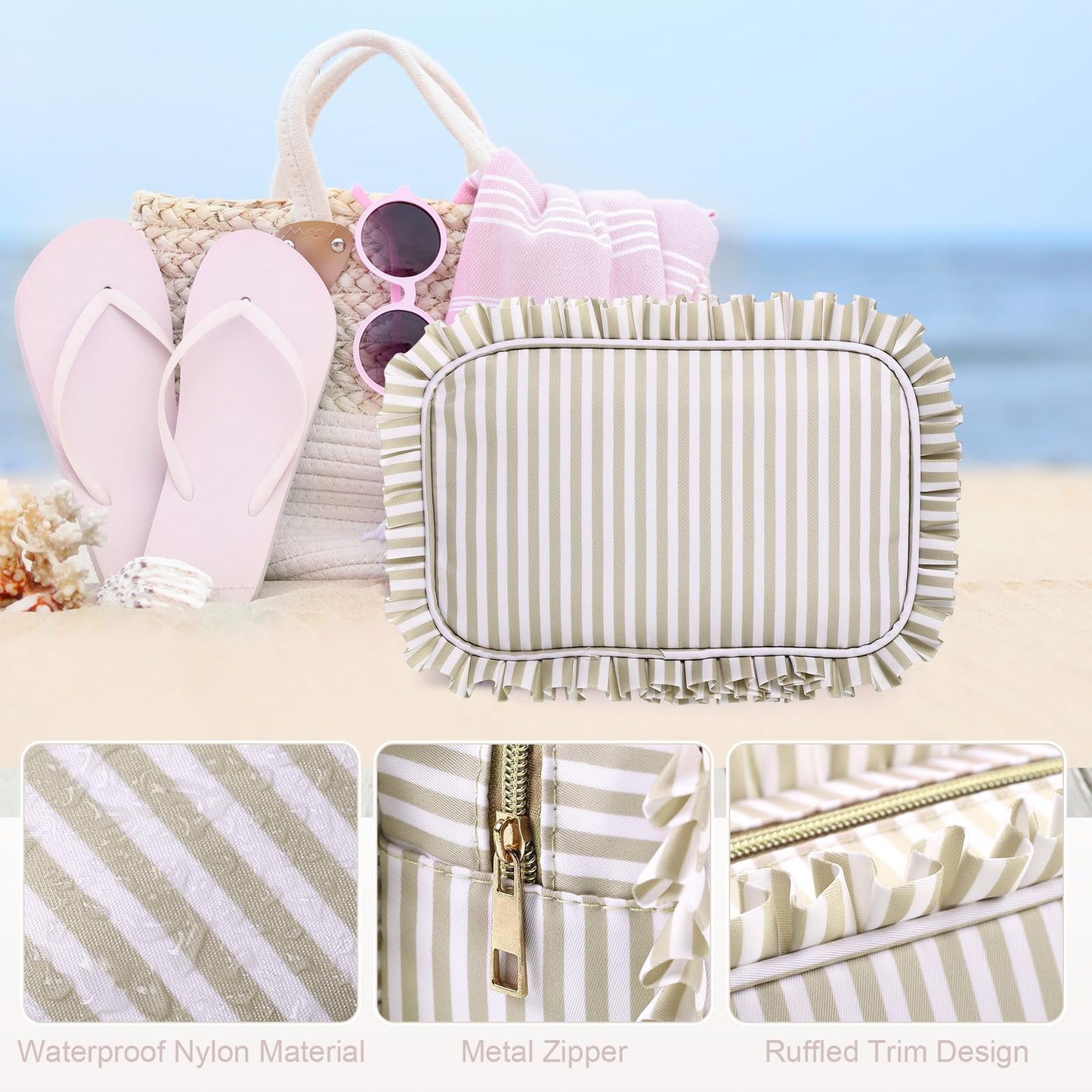 Kigeli Ruffle Makeup Bag Preppy Makeup Pouch Large Travel Cosmetic Bag Nylon Waterproof Toiletry Make up Organizer for Women(Striped,Khaki)