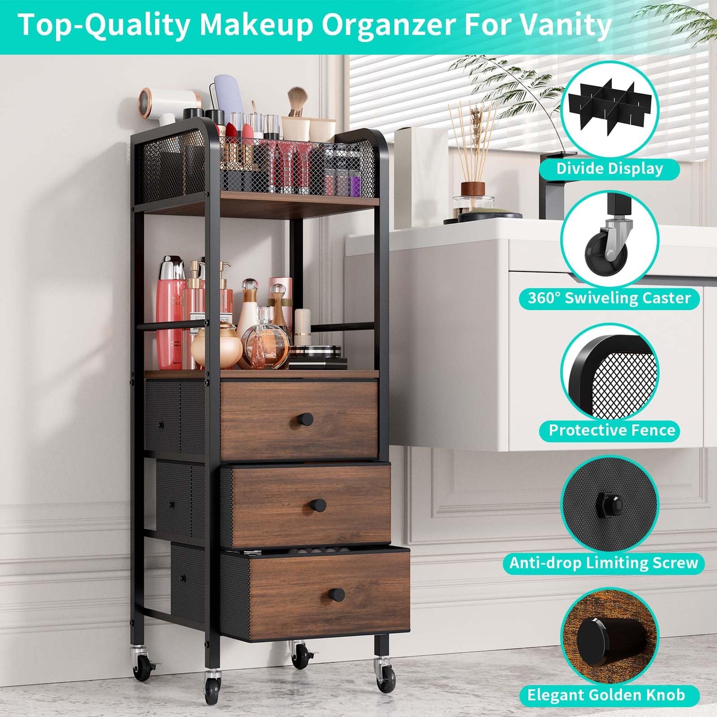 HapiRm Rolling Makeup Cart Organizer - Floor Skincare Make Up Storage with 3 Non-woven Fabric Drawers, Vanity Organizer Cosmetic Display Cases Holder for Skin Care Perfume Nail Polish Brush Hair Tool
