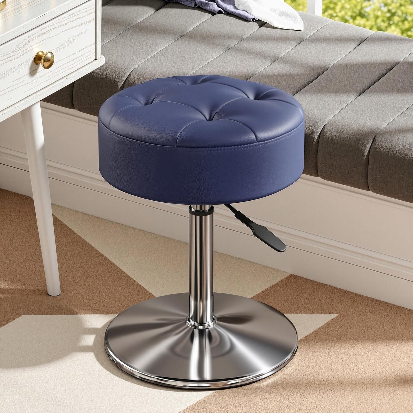 Youtanic Vanity Stool with Adjustable Height, 360°Swivel Ottoman Chair for Adults, Round Padded Makeup Stool with Stable Support for Vanity Bedroom, Bathroom, Dorm, Navy Blue
