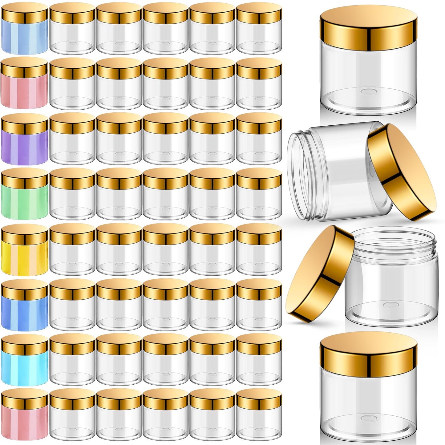 Patelai 48 Pack 2 oz Clear Plastic Jars with Gold Lids Empty Containers Round Clear Plastic Jars Wide-mouth Refillable Storage Organizers for Cosmetics Lotions Butters Slime Making and Food Storage