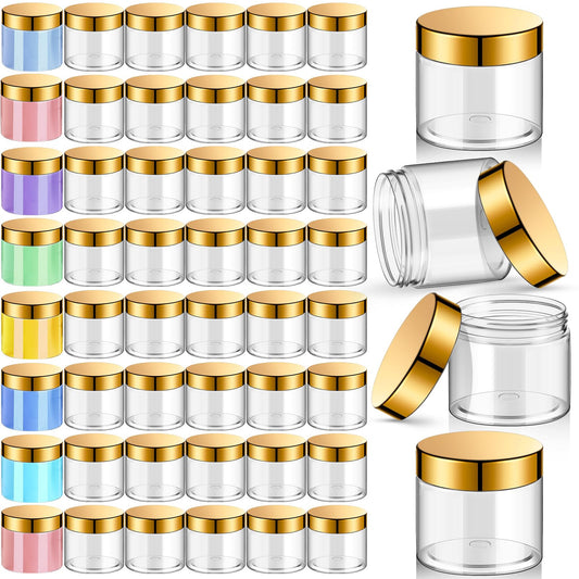 Patelai 48 Pack 2 oz Clear Plastic Jars with Gold Lids Empty Containers Round Clear Plastic Jars Wide-mouth Refillable Storage Organizers for Cosmetics Lotions Butters Slime Making and Food Storage