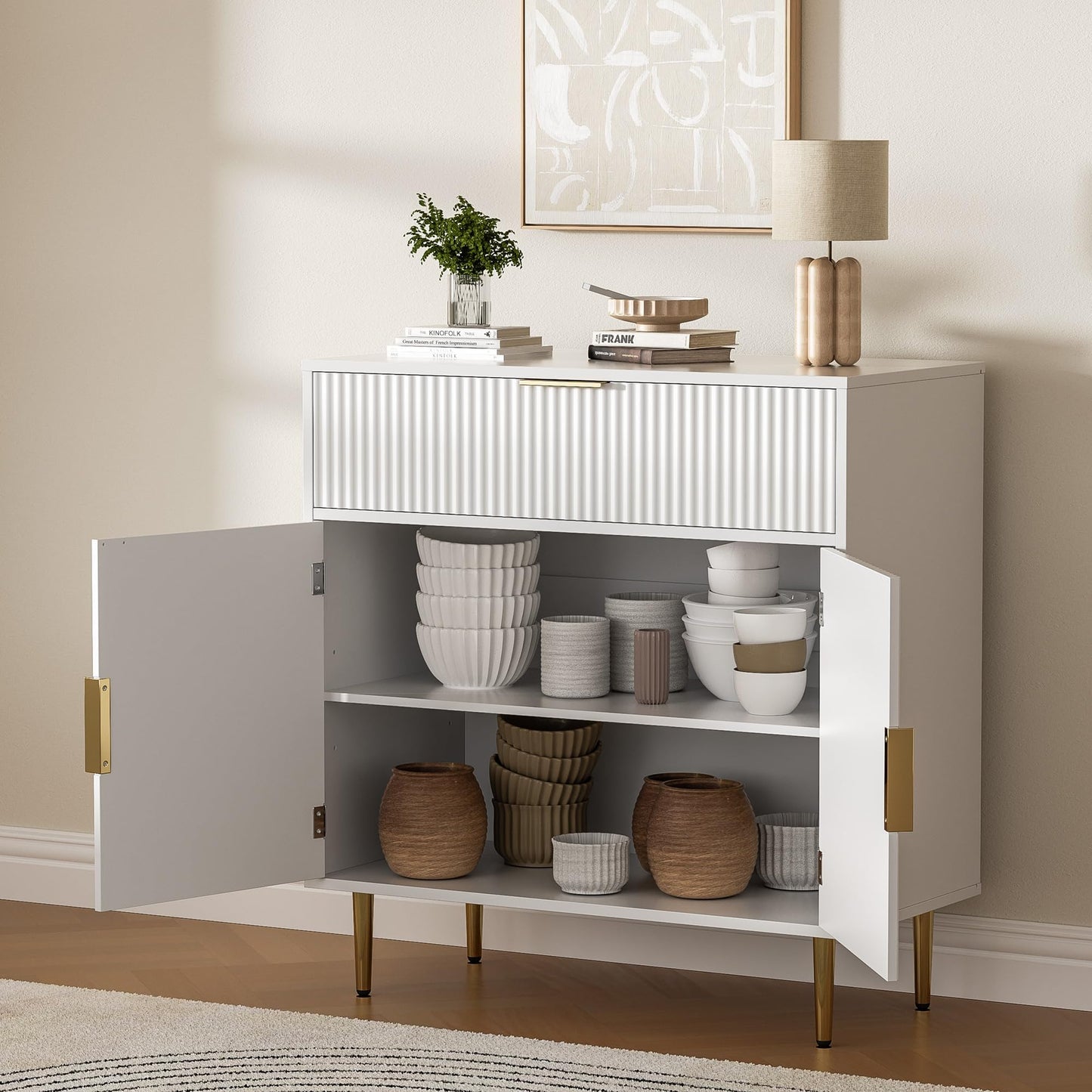 Housoul Coffee Bar Cabinet with 2 Doors & Drawer, Sideboard Buffet with Adjustable Shelves, Accent Liquor Cabinet with Storage, Console Table for Living Dining Room, White