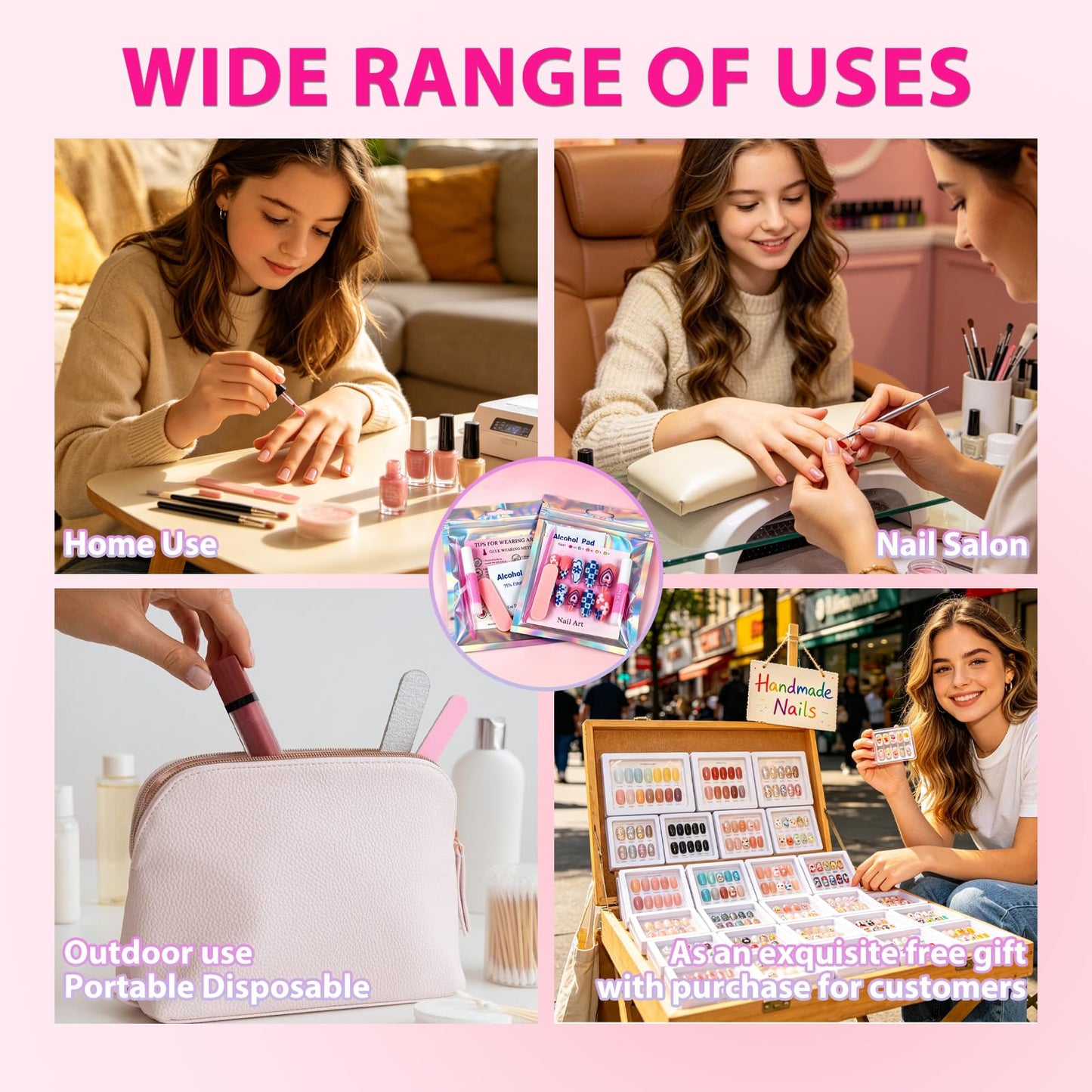 ESUOHYM 20 Sets Nails Packaging Bags for Press On Disposable Nail Supplies Kit with Holographic Bags, Glues, Instruction Cards, Tabs, File, Stick, Prep Pads, Tape Press On Nail Tools Kit for Business