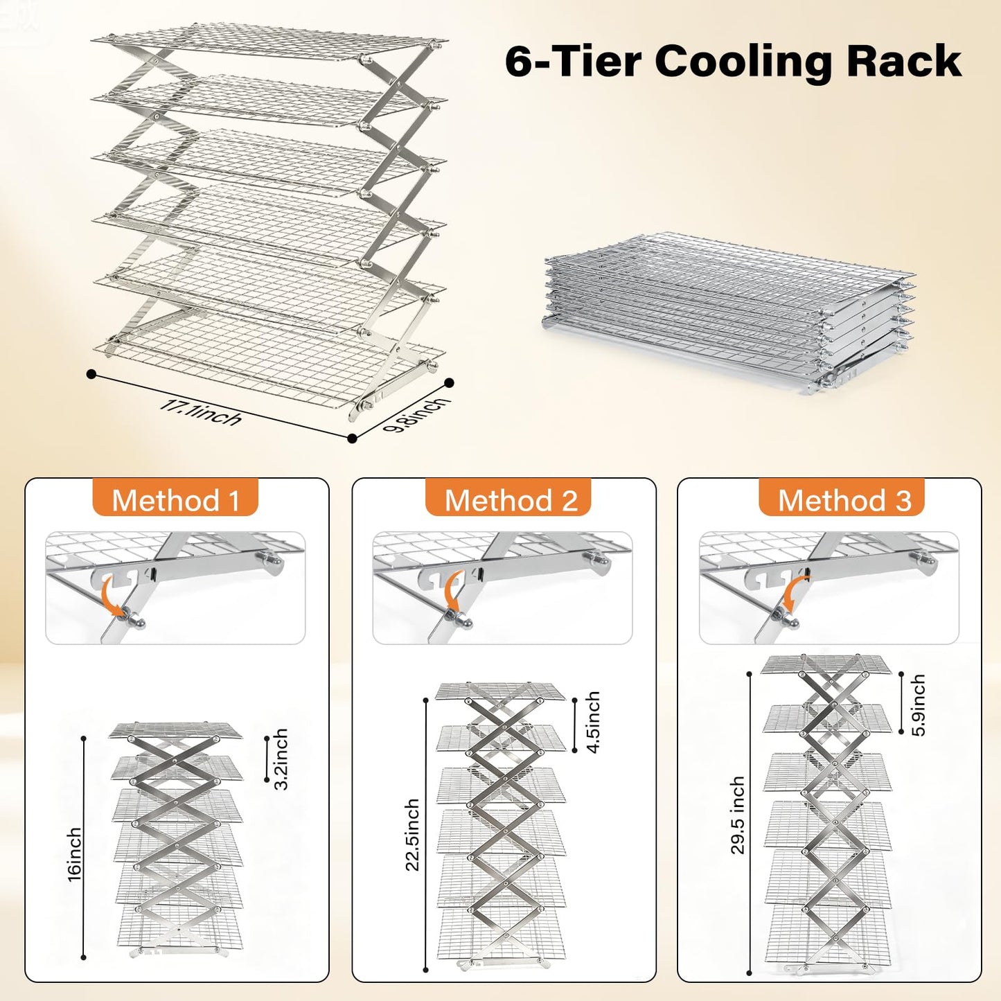 6 Tier Upgraded Collapsible Cooling Rack with Adjustable 3 Setting Design, Stackable Baking Rack with Clean Brush, Roasting Cooking Drying Wire Cooling Rack for Cookies Baking Roasting ＆ Grilling