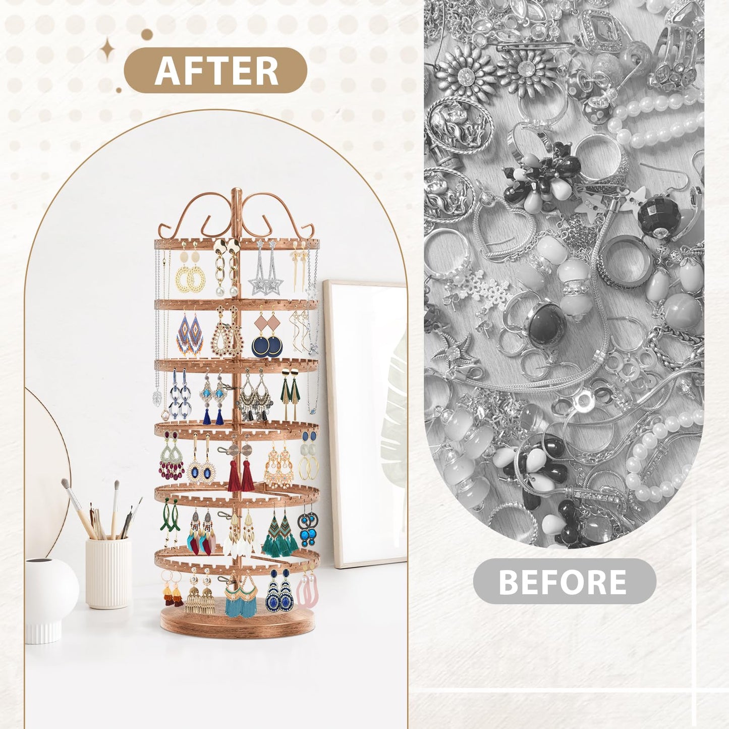 LASZOLA 6 Tier Bronze Earring Holder Organizer Tree Women Display Storage for Stud and Hoop, Large Cool Rotating Clip Stand for Pierced and Dangle Earring, Vertical Metal Tower Carousel with 480 Holes