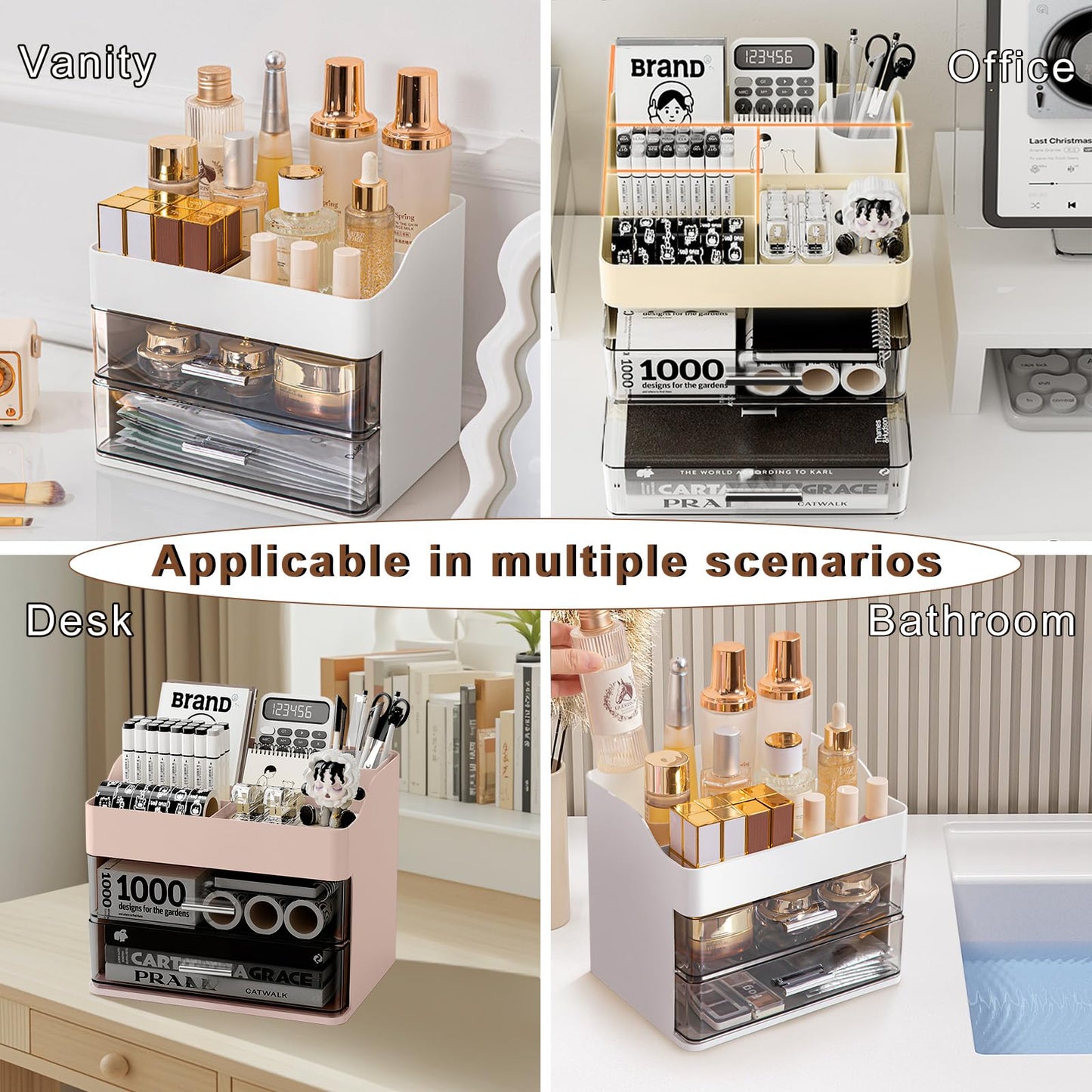 DASITON Makeup Organizer with 2 Drawers, Large Capacity Makeup Cosmetic Organizers for Vanity Dresser Bathroom Countertop, Vanity Organizer Makeup Storage Box for Skincare, Eyeshadow, Lotions (White)