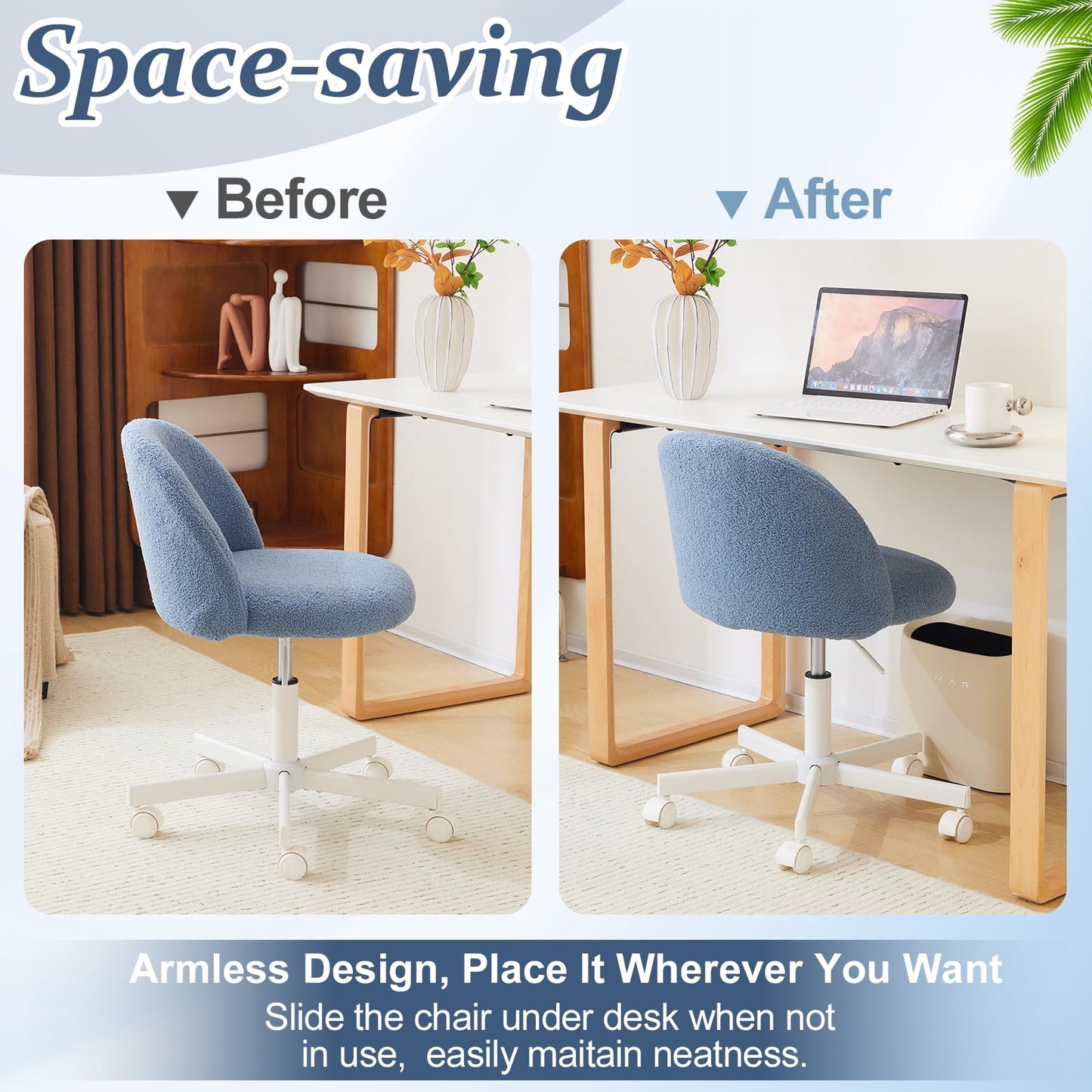 VINGLI Cute Candy Chair Armless Comfy Small Office Desk Vanity Chair with Wheels & Lumbar Support,Teddy Adjustable Rolling Swivel Computer Task Ch for Home Office,Bedroom,Fog Blue