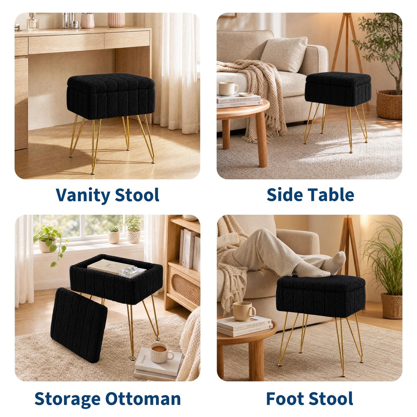 Garvee Vanity Stool with Storage, Faux Fur Ottoman with Metal Legs and Anti-Slip Feet, 15.7 x 11.8 x 18.7 Inches Soft Furry Padded Seat Foot Rest for Makeup Bedroom Living Room