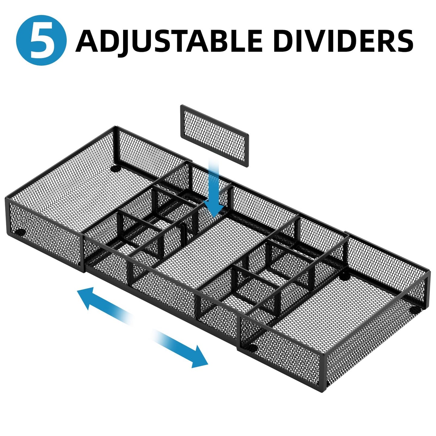 Marbrasse Expandable Desk Drawer Organizer, Mesh Drawer Organizer Tray with 10 Adjustable Compartments, Desk Organizers and Accessories for Office Supplies (Longer Expandable Drawer Organizer-B)