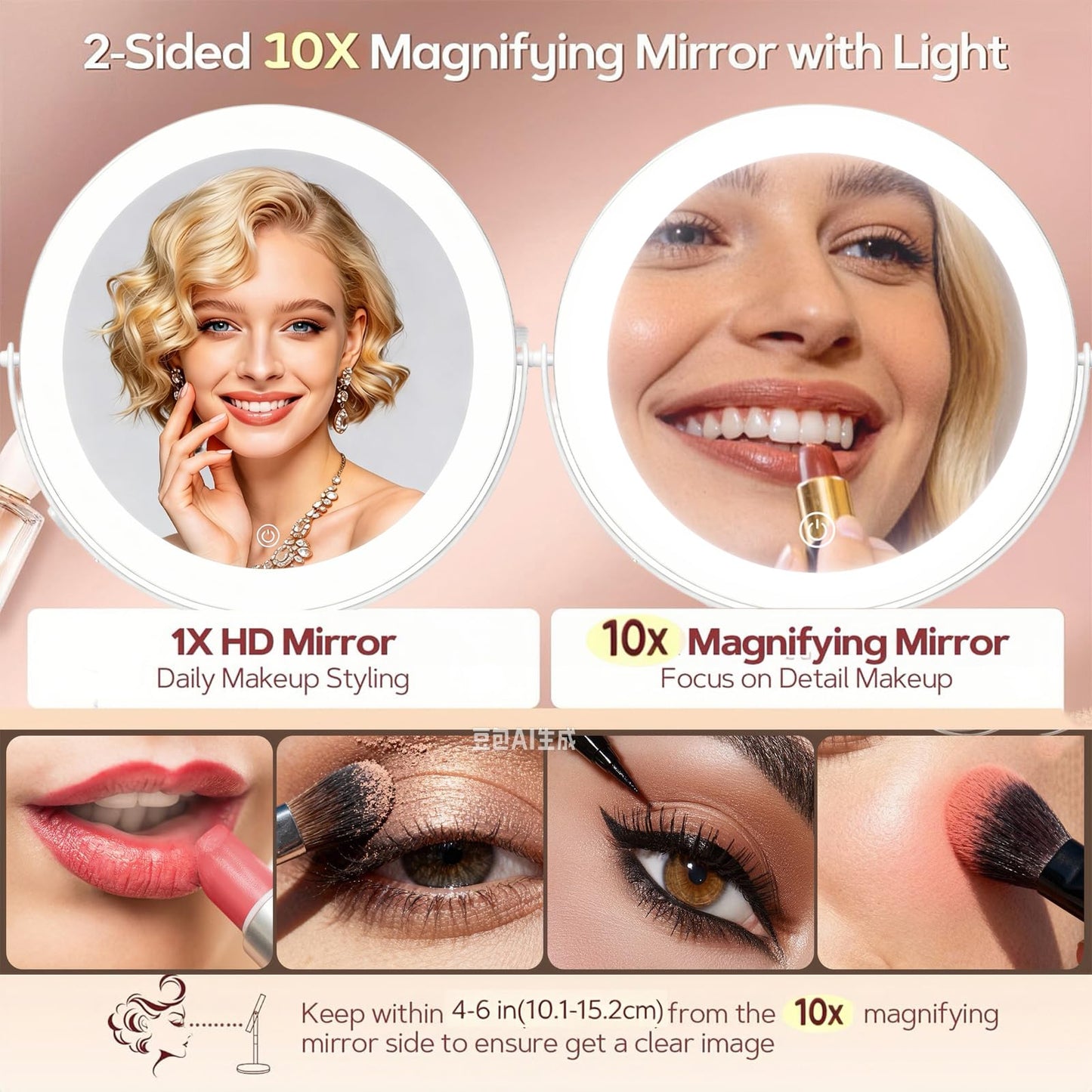 DEXHOM Professional 8" Large Lighted Makeup Mirror with Brighter Lights, 1X/10X True HD Magnifying Mirror with 3 Color Dimmable Lights, 92 Shadowless LEDs, 360°Swivel Seamless Vanity Mirror, Chrome
