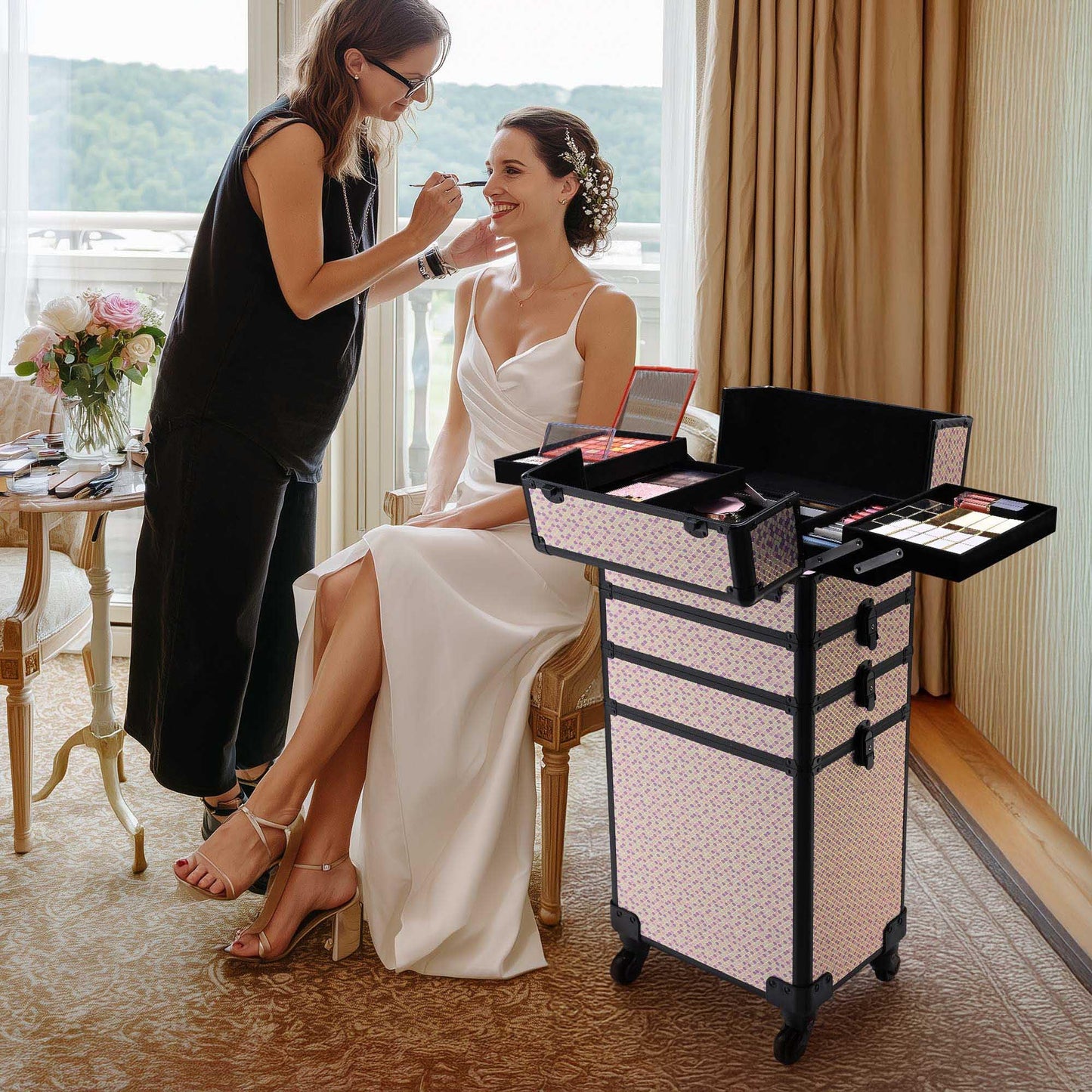BYOOTIQUE Makeup Train Case Trolley w/Cube Case Cosmetic Organizer Art Deco Tyrian