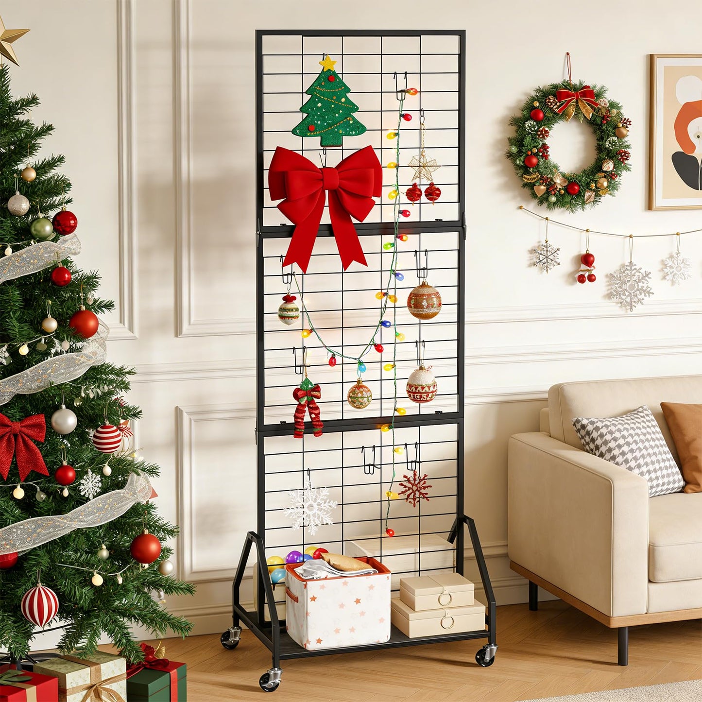 ELYKEN Foldable Grid Wall Panels 5.7' x 2' FT, Movable Wire Gridwall Display Rack with Wheels and Adjustable Foots, Retail Display Stand for Vendor with Storage (Black)