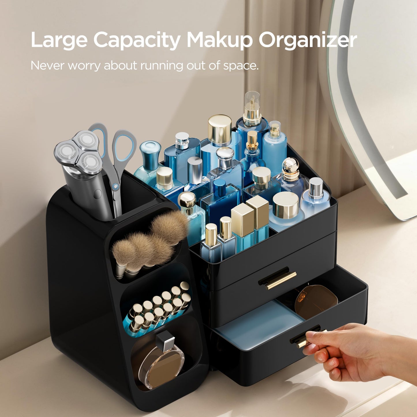 HBlife Cologne Organizer for Men Makeup Organizer with Brush Holder for Vanity, Large Plastic Bathroom Countertop Organizer Skin Care Storage, Fathers Day Gift for Dad Husband, All Black