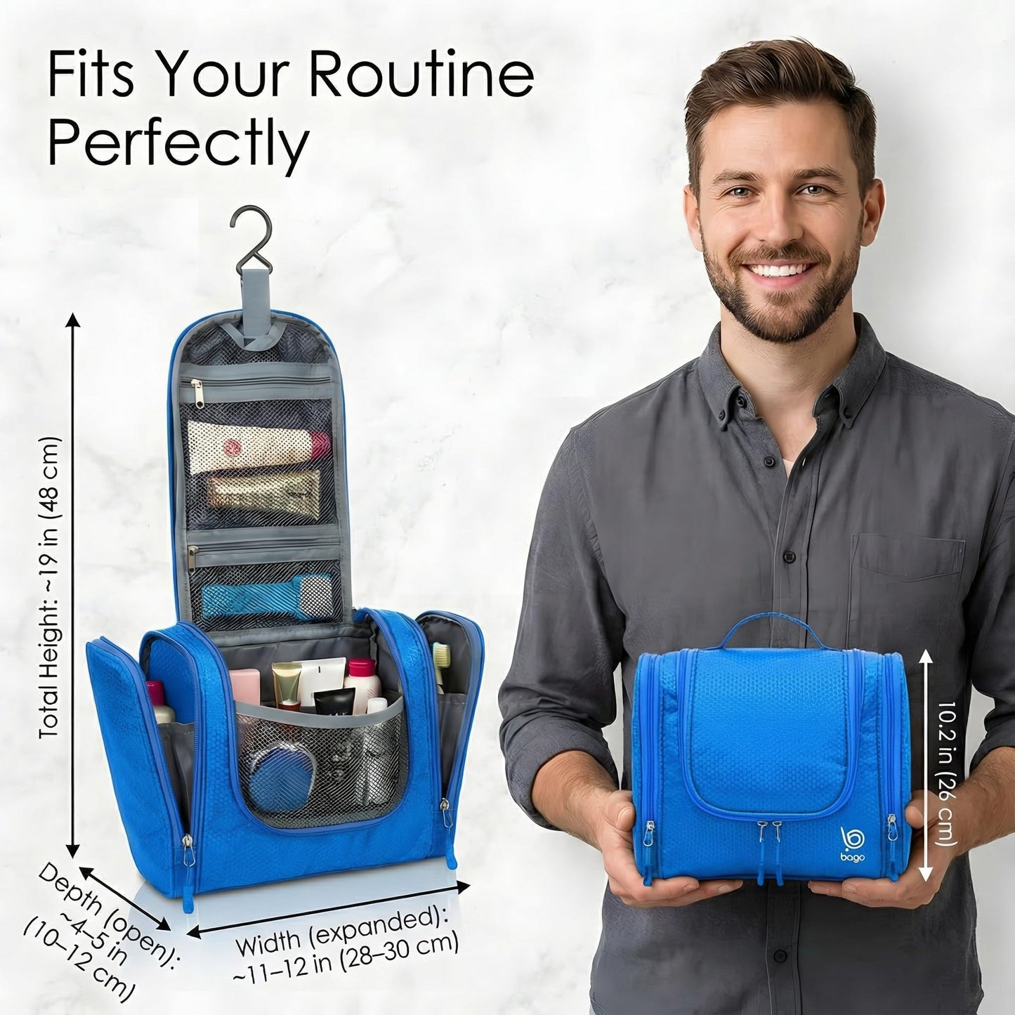 Bago Travel Toiletry Bag for Women and Men - Large Waterproof Hanging Large Toiletry Bag for Bathroom and Travel Bag for Toiletries Organizer -Makeup Bag (Blue)