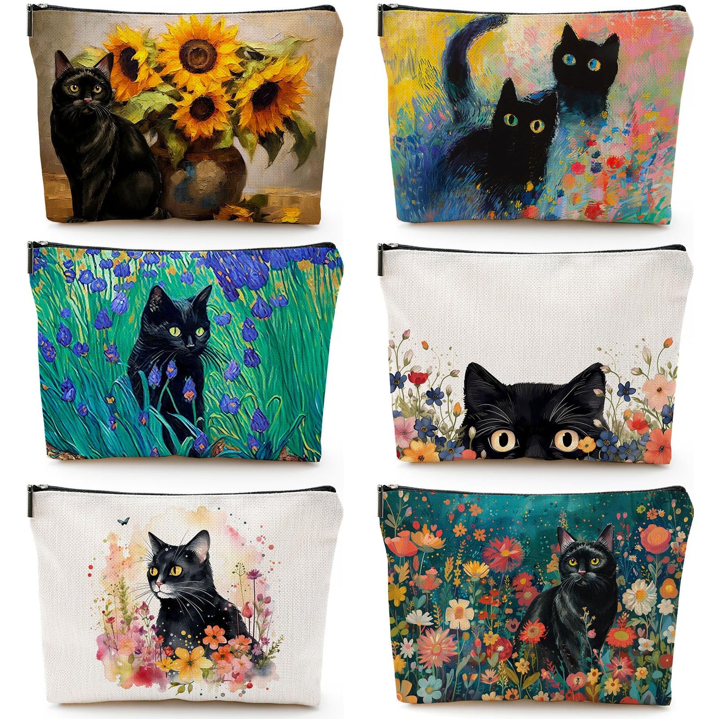 CHENGU 6 Pcs Cat Makeup Bag Black Cat Lover Gifts Cat Cosmetic Bags Funny Cool Black Cat Canvas Toiletry Bags with Zipper Portable Cat Mom Gifts Cat Owners Birthday Gifts For Teen Girls Women