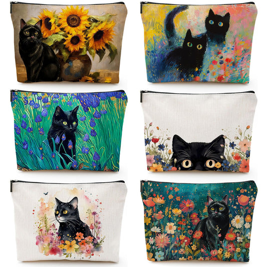 CHENGU 6 Pcs Cat Makeup Bag Black Cat Lover Gifts Cat Cosmetic Bags Funny Cool Black Cat Canvas Toiletry Bags with Zipper Portable Cat Mom Gifts Cat Owners Birthday Gifts For Teen Girls Women