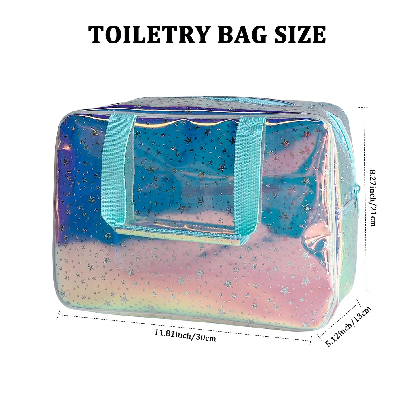 TotePrint Holographic Blue Clear Star Large Cosmetic Bag and TPU Travel Pouch with Handle,Durable Material,Zipper Design-Ideal for Makeup,Travel Essentials (Holographic Blue+Stars)