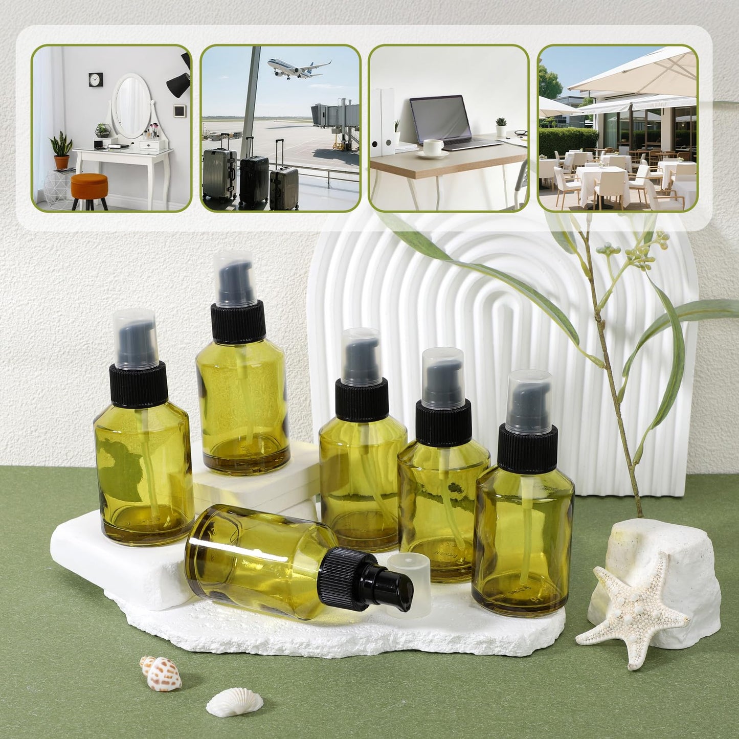 Segbeauty 6pcs 2oz Glass Travel Lotion Container Refillable, Small Travel Containers for Creams, 60ml Mini Empty Lotion Bottles with Pump Dispenser, Cosmetic Skincare Containers Sample Cream Bottle