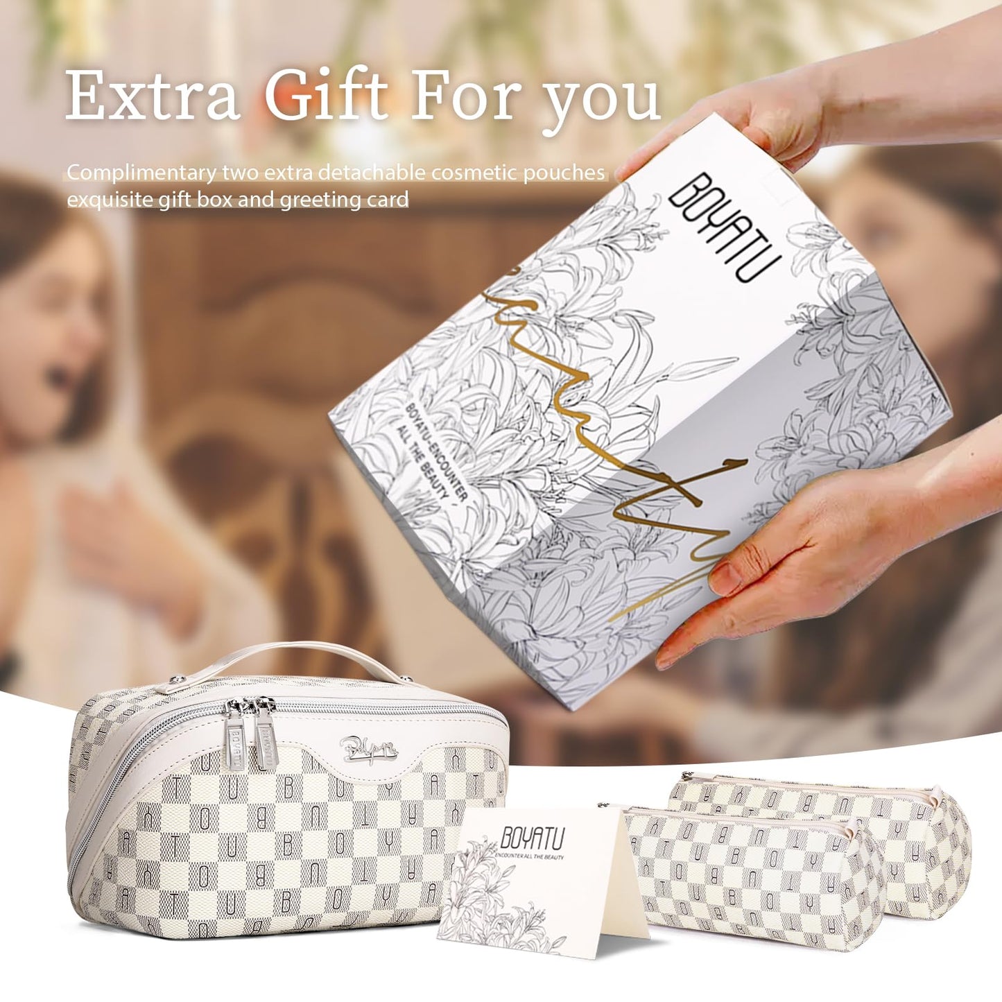 BOYATU Travel Makeup Bag Organizer Cosmetic Bag: 3 Pcs Set Make up Bags for Women with Handle - Waterproof Vegan Leather Toiletry Bags Travel Essentials Pouch with Compartments (H-03-White)