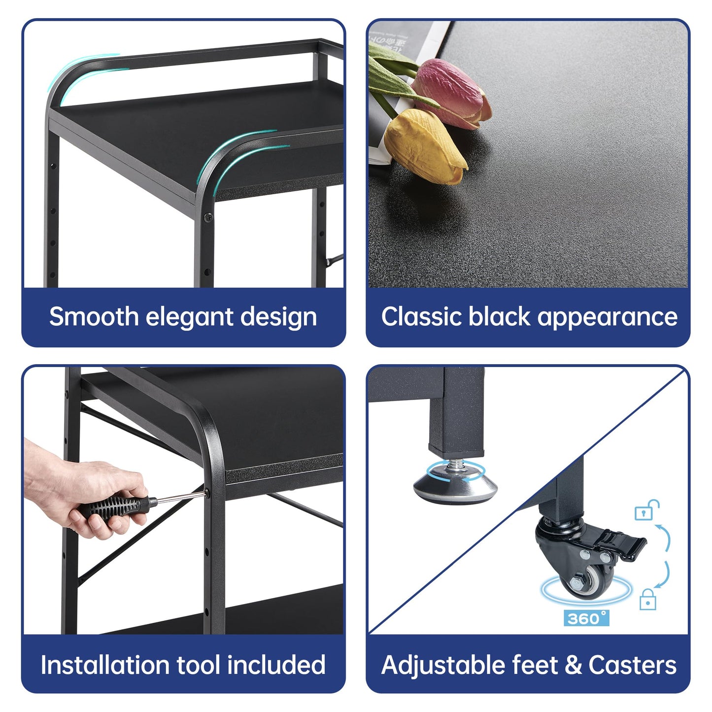 Fannova 2 Tier Under Desk Printer Stand with Storage, 20 Inches Deep Large Printer Table with Height Adjustable Shelf, Rolling Printer Cart with Wheels for Home Office - Black
