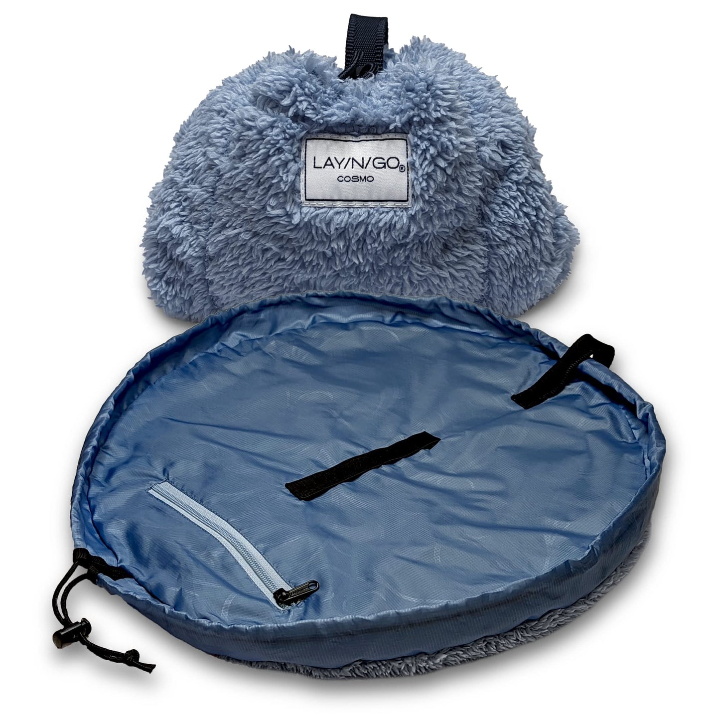 Lay-n-Go Cosmo Drawstring Cosmetic & Makeup Bag Organizer - Portable Drawstring Makeup Bag w/Zipper Pocket, Makeup Loops & More - Durable, Machine Washable Toiletry Bag (20", Comfort/Blue)